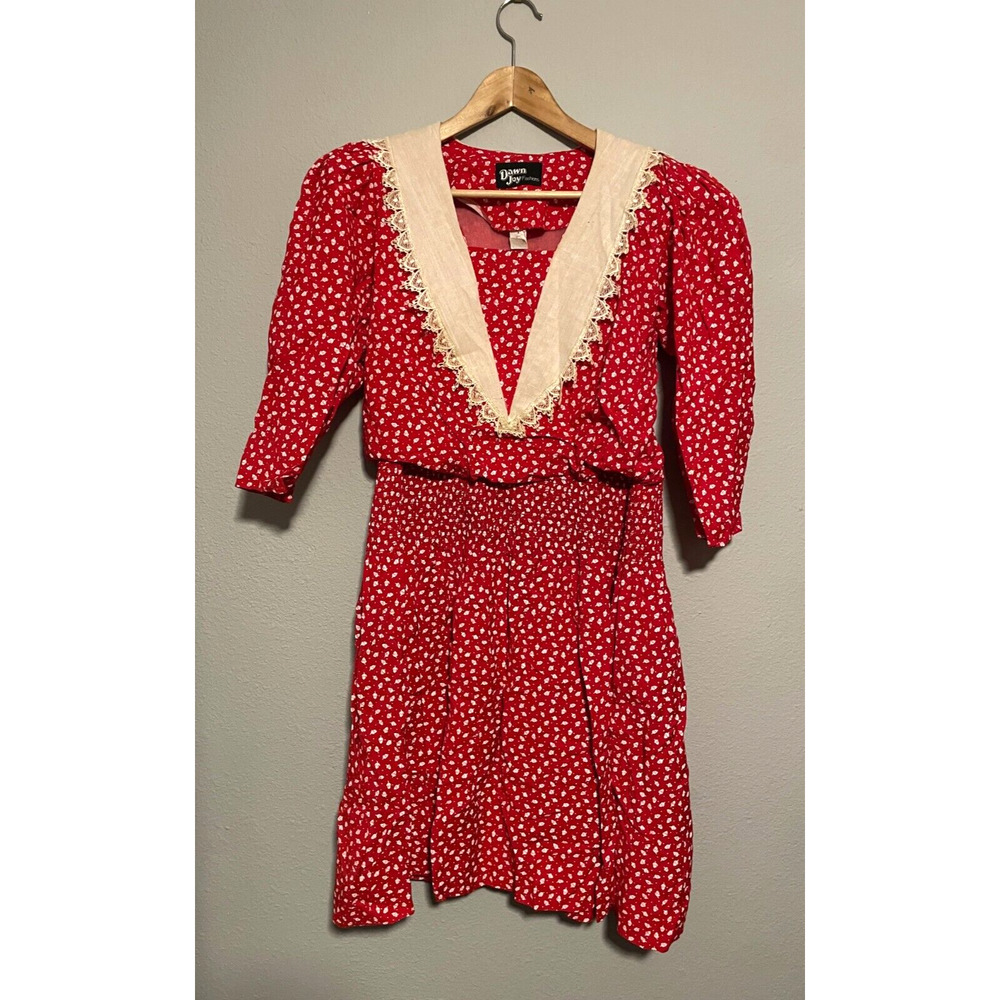 Vintage Dawn Joy Fashions Womens Dress Size 7/8 Red Floral Ruffle Cottagecore